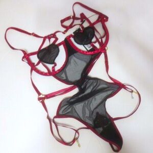 Fashion Nova Burgundy/  lack Lace Teddy